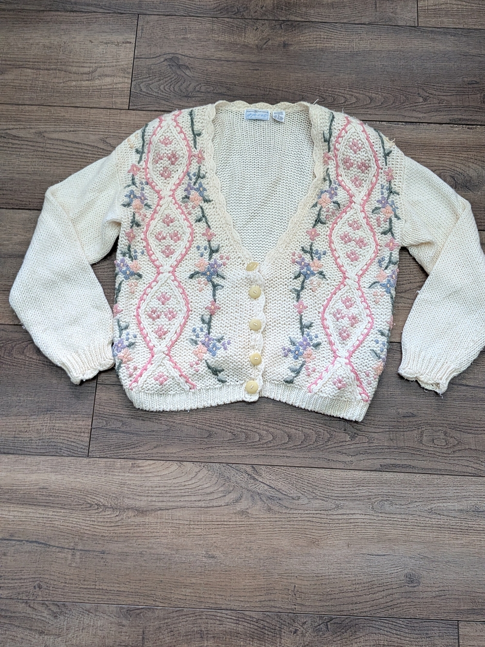 Cream Floral Embroidered V-Neck Button Front Cardigan Vintage